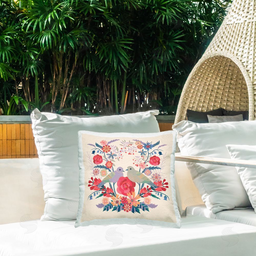 Verbrugge Watercolor Symmetrical Folk Flowers & Birds Outdoor Quick-Dry Polyester Printed Throw Pillow in Back Yard
