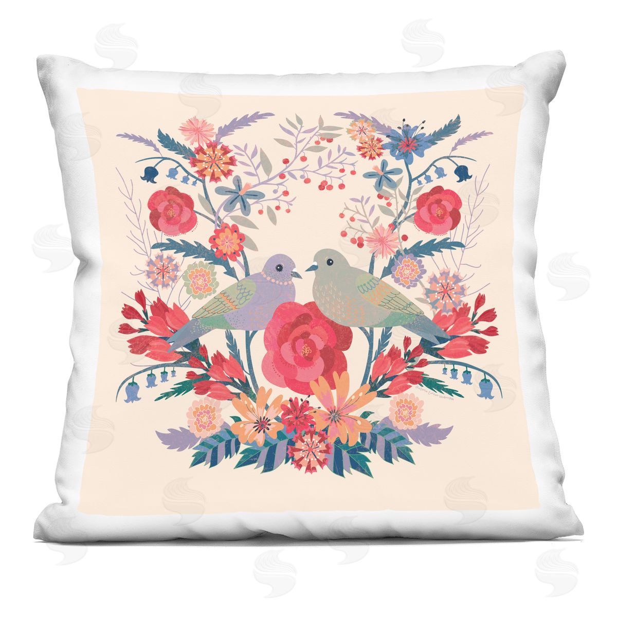 Verbrugge Watercolor Symmetrical Folk Flowers & Birds Printed Plush Polyester Throw Pillow