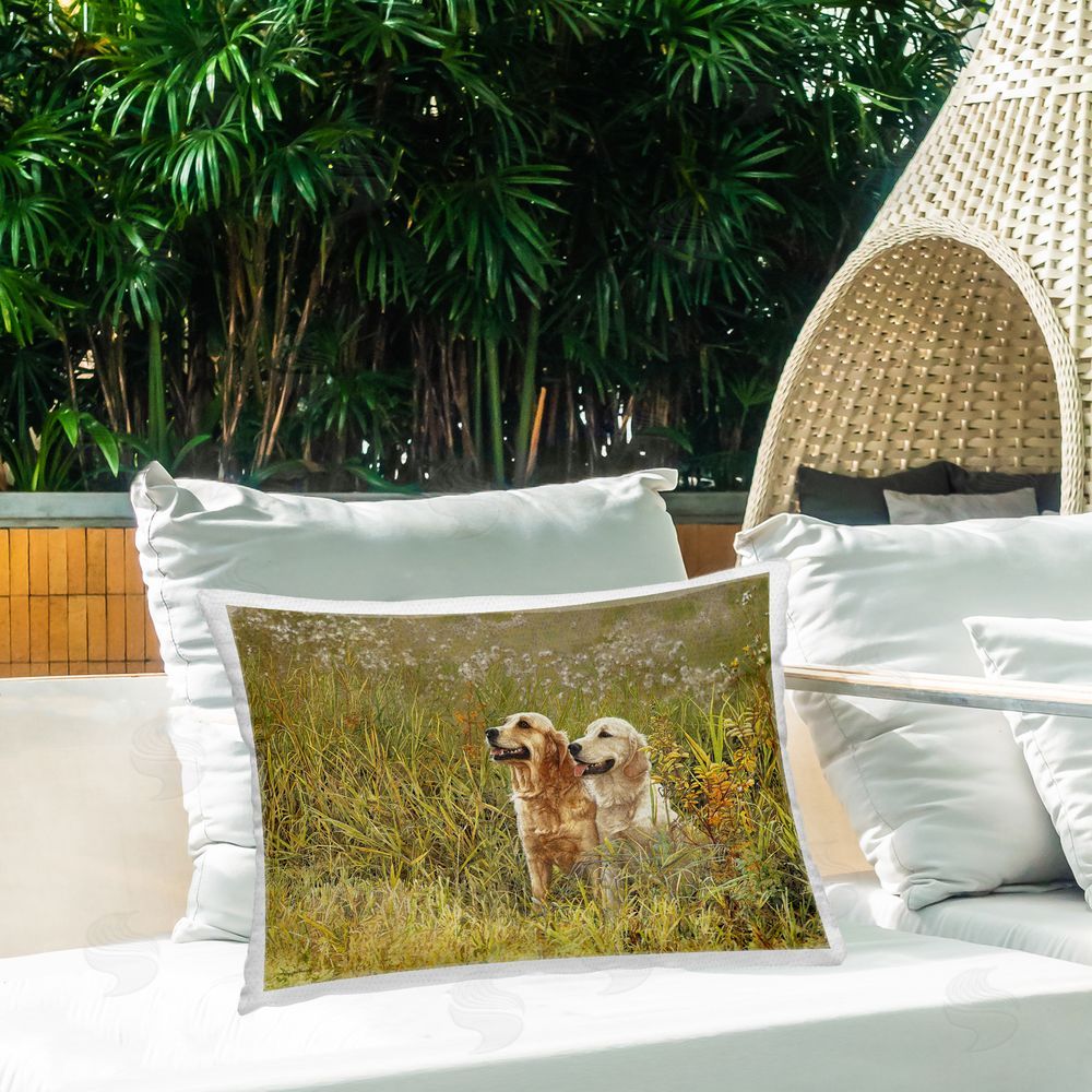 Sueellen Ross Happy Dogs Field Day Outdoor Quick-Dry Polyester Printed Throw Pillow in Back Yard