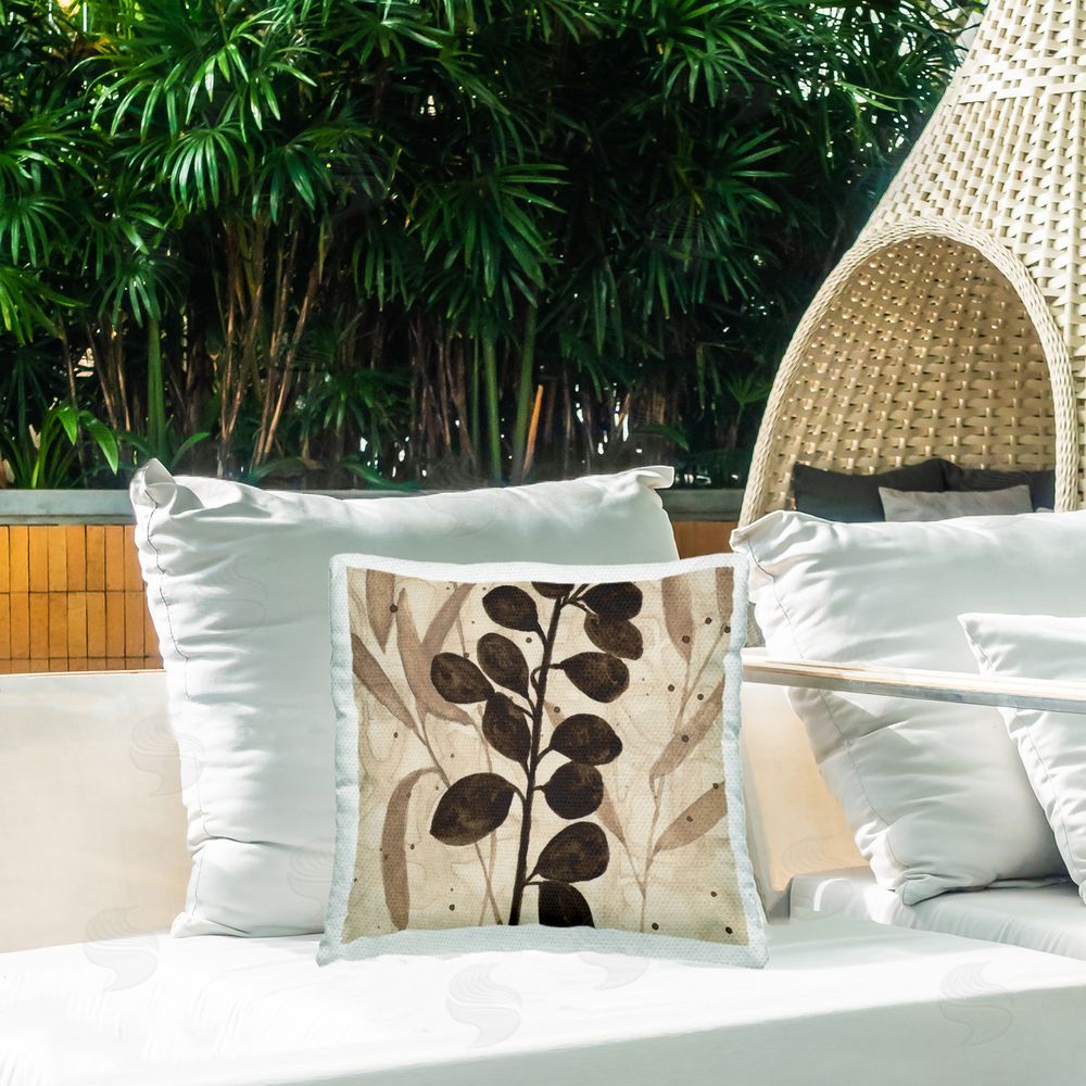 Krinlox Beige & Brown Natural Leaves Outdoor Quick-Dry Polyester Printed Throw Pillow in Back Yard