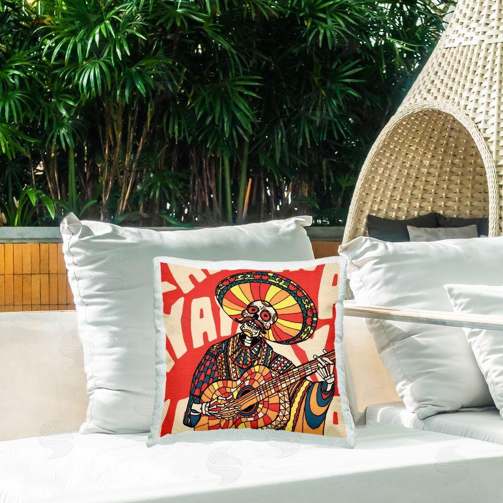 Ali Gulec Day Of Dead Guitarist Skeleton Outdoor Quick-Dry Polyester Printed Throw Pillow in Back Yard