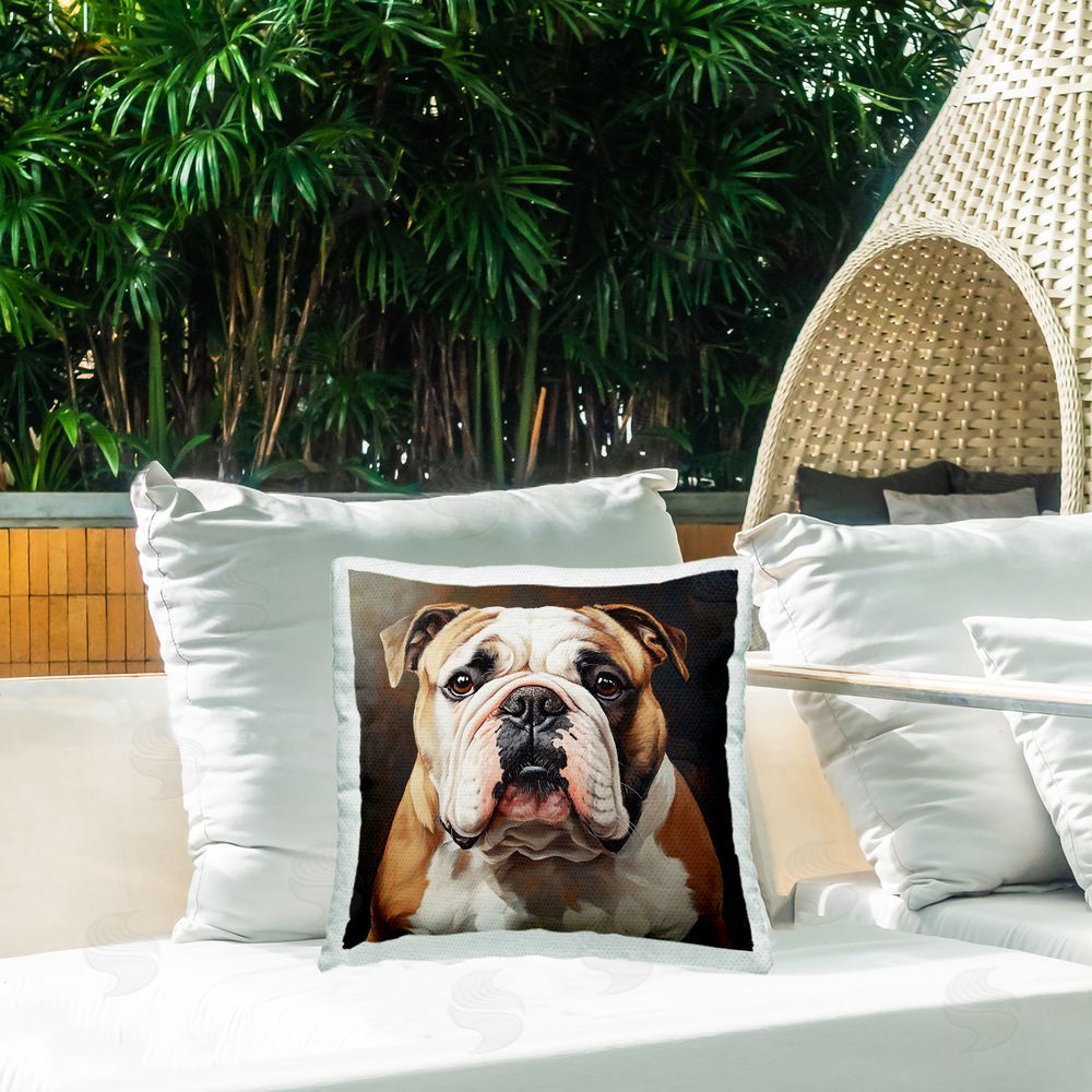 Tom Crehan Stoic Bulldog Portrait Outdoor Quick-Dry Polyester Printed Throw Pillow in Back Yard