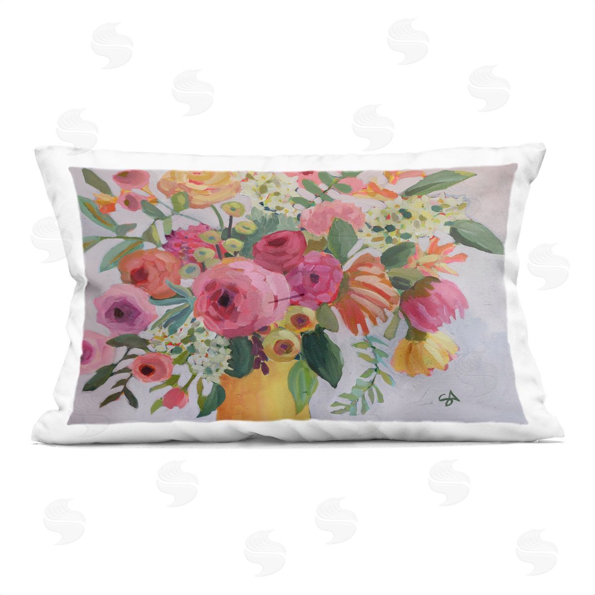 Suzanne Allard Assorted Flowers in Pink & Yellow Printed Plush Polyester Throw Pillow