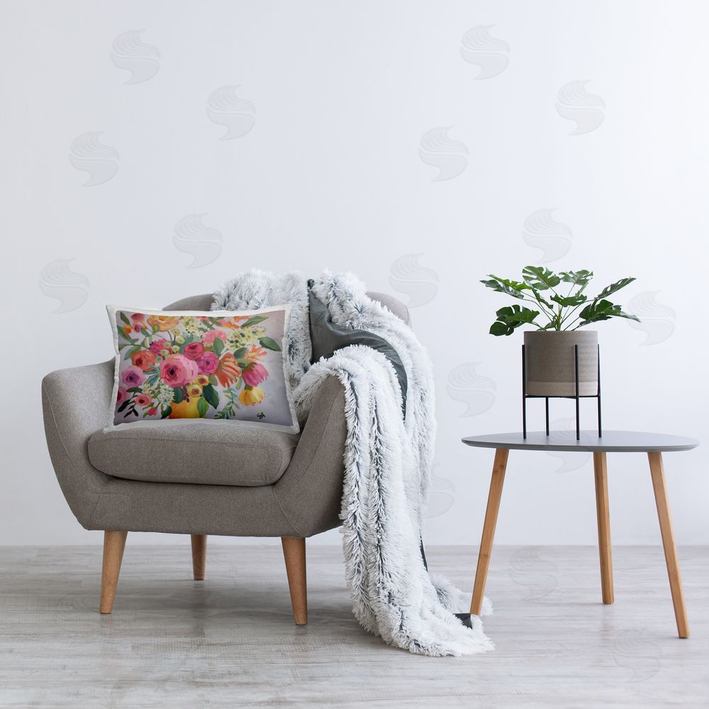 Suzanne Allard Assorted Flowers in Pink & Yellow Printed Plush Polyester Throw Pillow On Chair