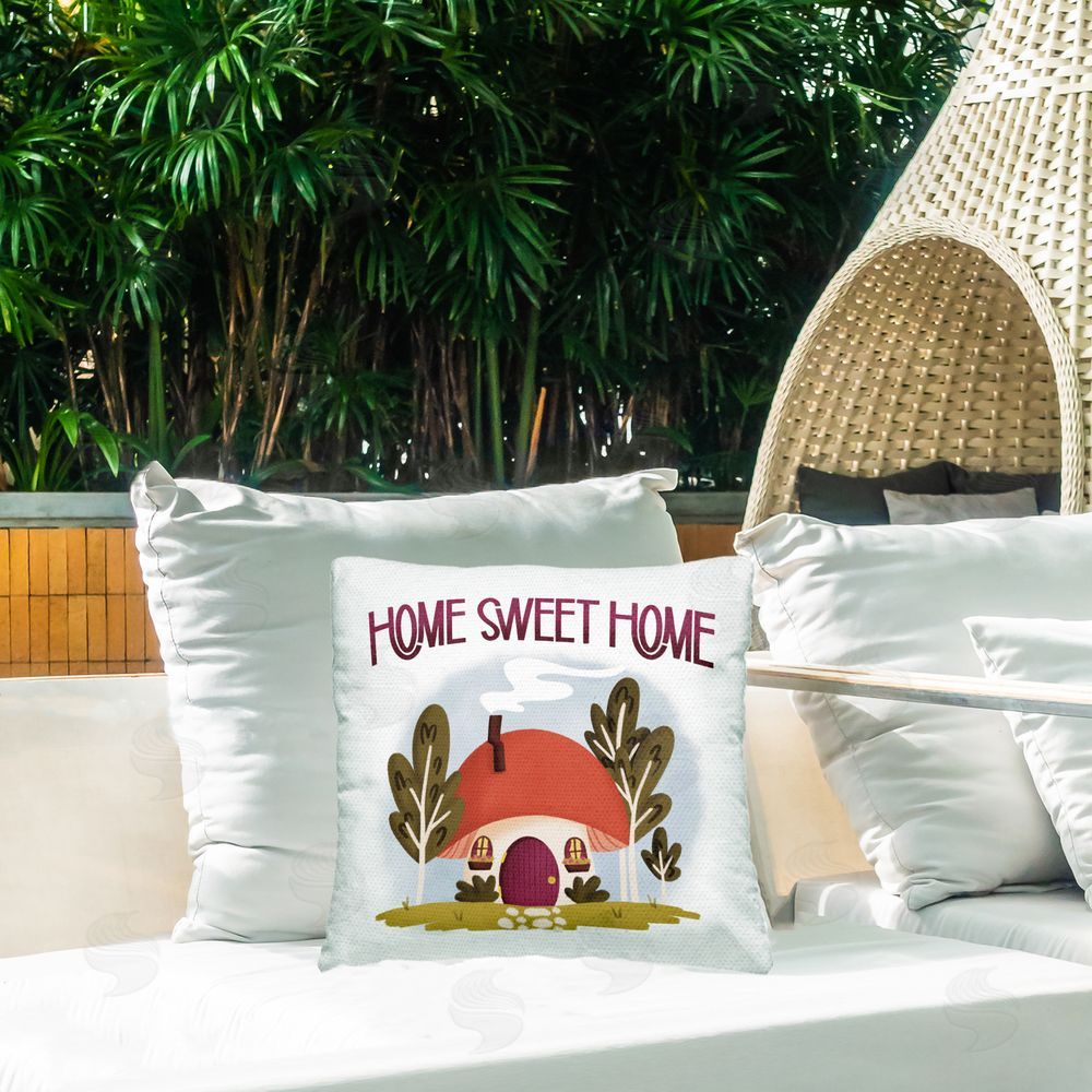 Sarah Hickman Sweet Home Mushroom Cottage Outdoor Quick-Dry Polyester Printed Throw Pillow in Back Yard