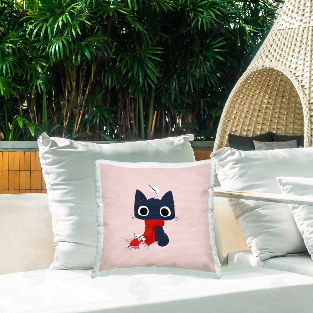 Sarah Hickman Little Kitten in Scarf Outdoor Quick-Dry Polyester Printed Throw Pillow in Back Yard