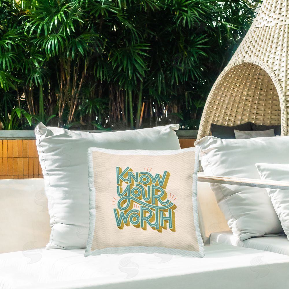 Sarah Hickman Know Your Worth Green on Beige Outdoor Quick-Dry Polyester Printed Throw Pillow in Back Yard
