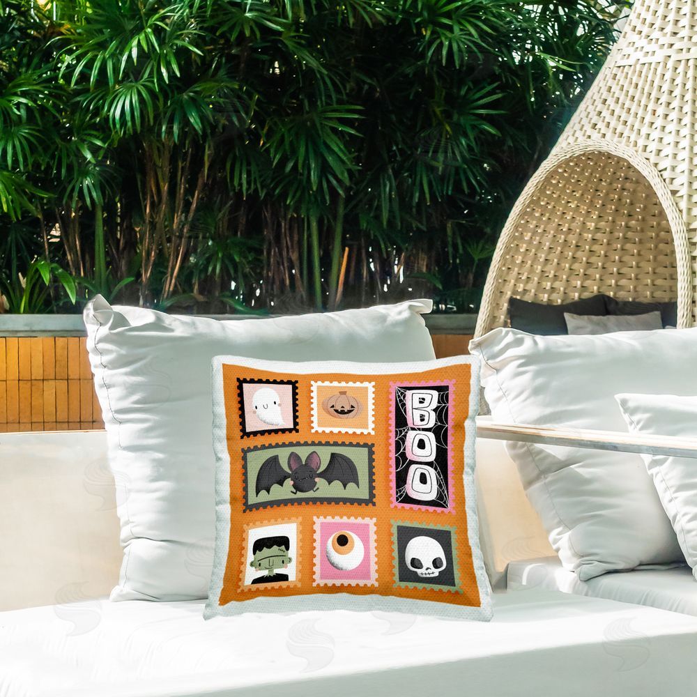 Sarah Hickman Spooky Cute Halloween Stamps Outdoor Quick-Dry Polyester Printed Throw Pillow in Back Yard