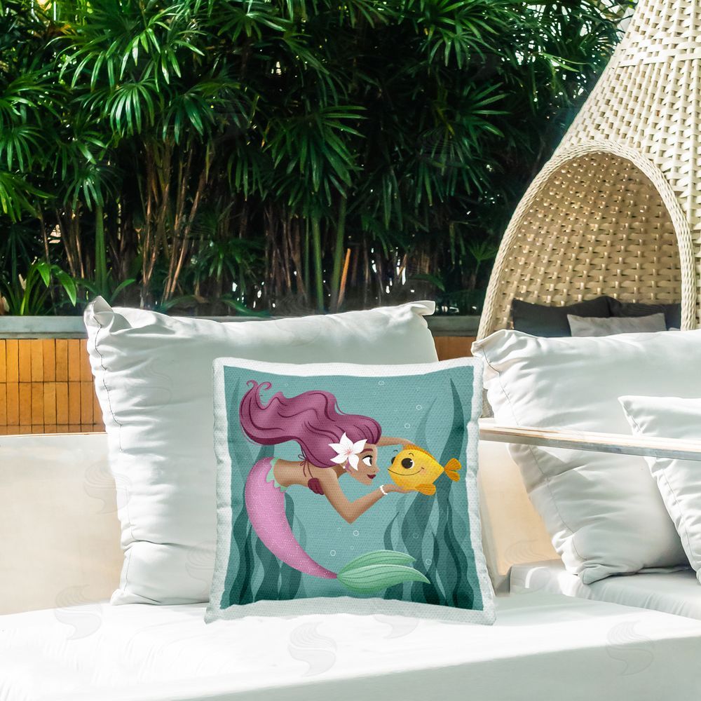 Sarah Hickman Mermaid & Fish Friends Outdoor Quick-Dry Polyester Printed Throw Pillow in Back Yard