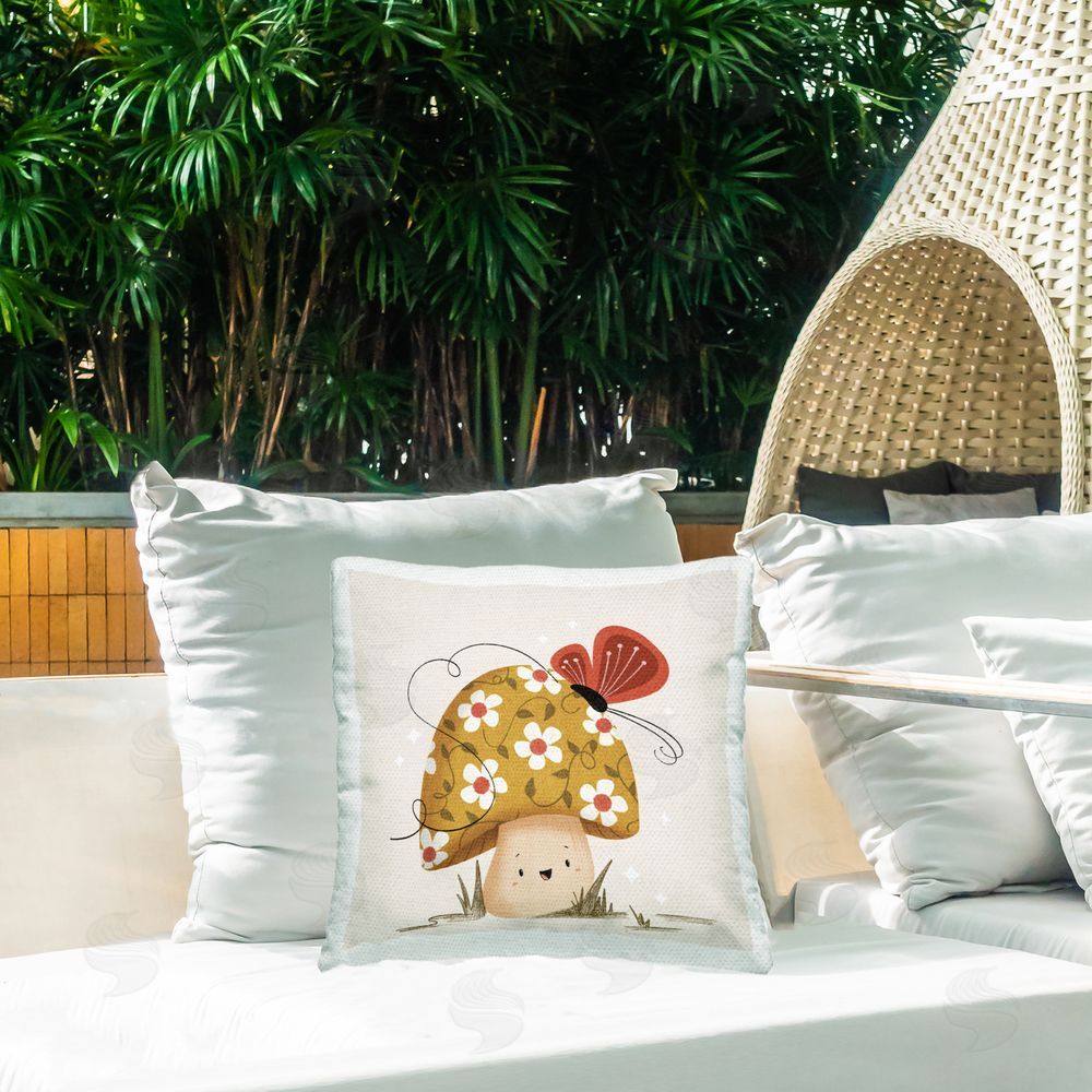 Sarah Hickman Happy Mushroom & Butterfly Outdoor Quick-Dry Polyester Printed Throw Pillow in Back Yard