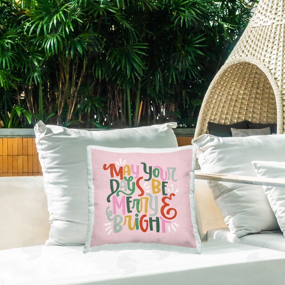 Sarah Hickman Pastel Merry & Bright Phrase Outdoor Quick-Dry Polyester Printed Throw Pillow in Back Yard