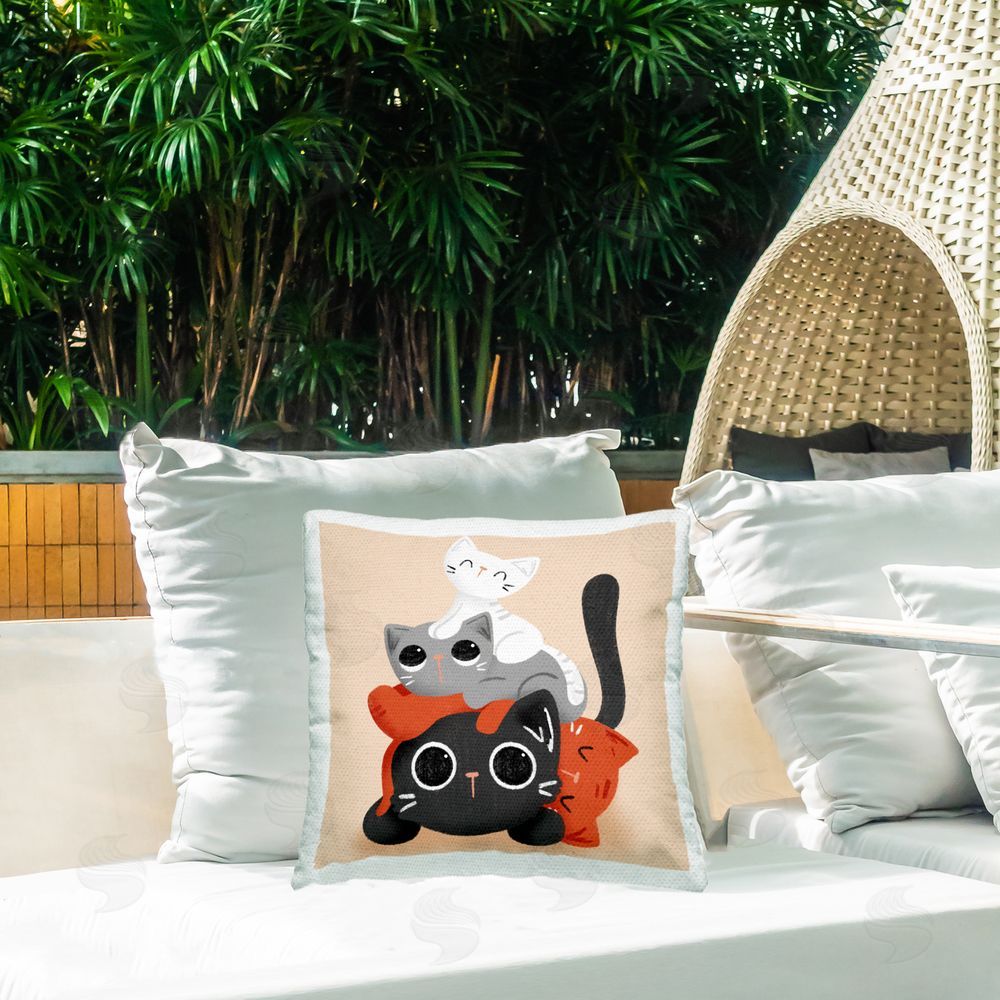 Sarah Hickman Stacked Cats Pile Outdoor Quick-Dry Polyester Printed Throw Pillow in Back Yard