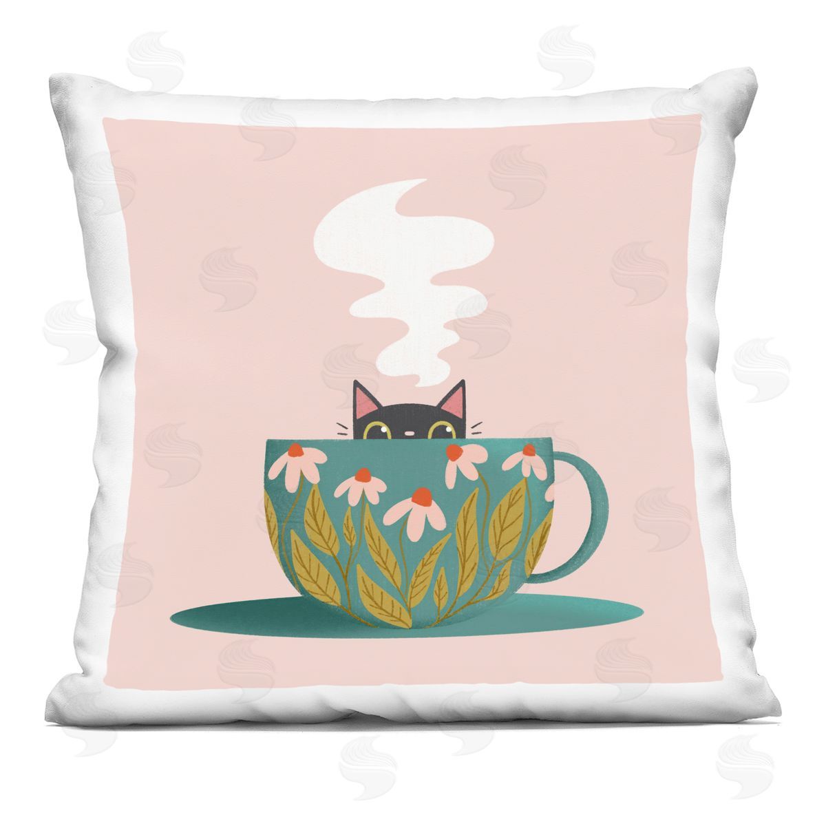Sarah Hickman Cat Peeking Over Teacup Printed Plush Polyester Throw Pillow
