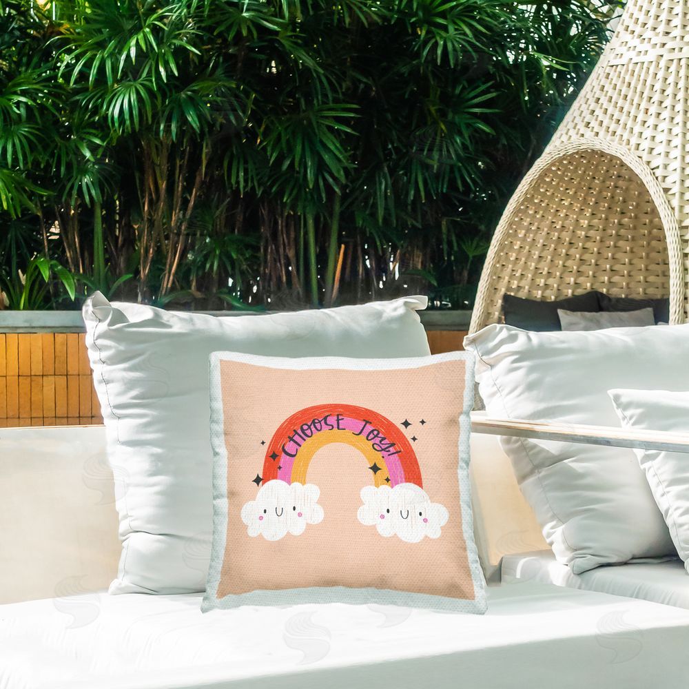 Sarah Hickman Choose Joy Happy Rainbow Outdoor Quick-Dry Polyester Printed Throw Pillow in Back Yard
