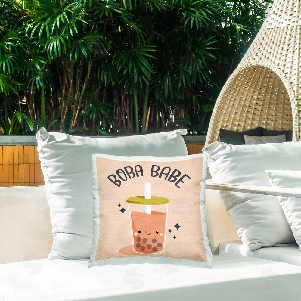 Sarah Hickman Boba Babe Bubble Tea Outdoor Quick-Dry Polyester Printed Throw Pillow in Back Yard