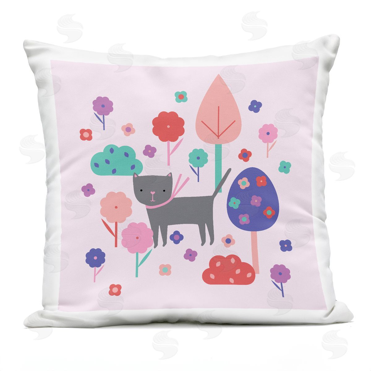 Sazerelli Designs Pastel Whimsical Cat & Trees Outdoor Quick-Dry Polyester Printed Throw Pillow