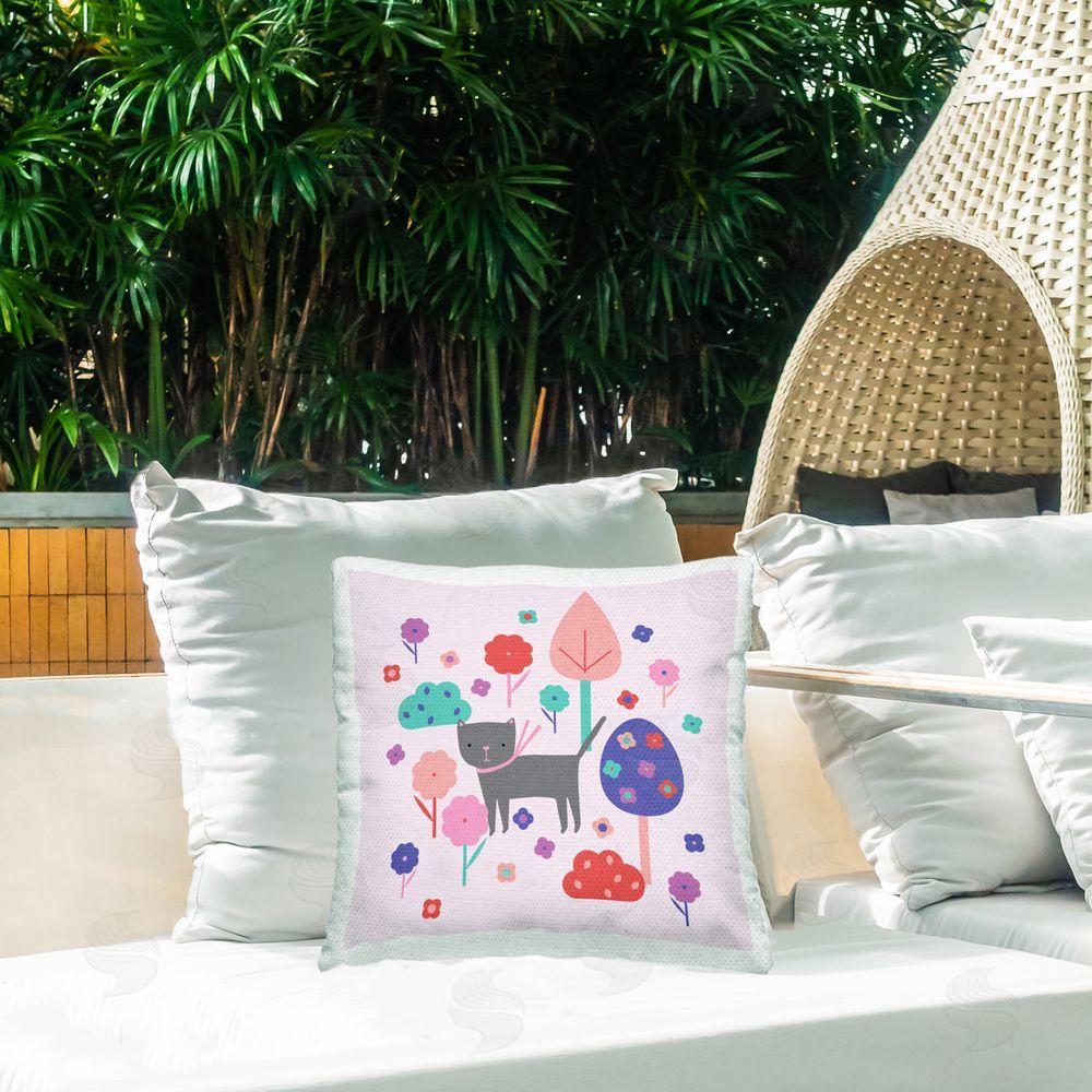 Sazerelli Designs Pastel Whimsical Cat & Trees Outdoor Quick-Dry Polyester Printed Throw Pillow in Back Yard