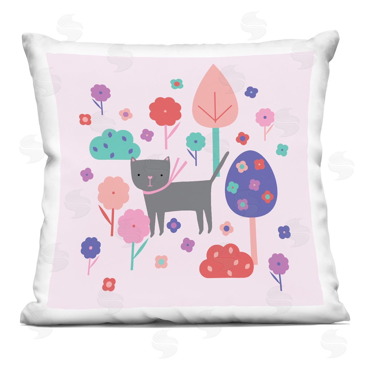 Sazerelli Designs Pastel Whimsical Cat & Trees Printed Plush Polyester Throw Pillow