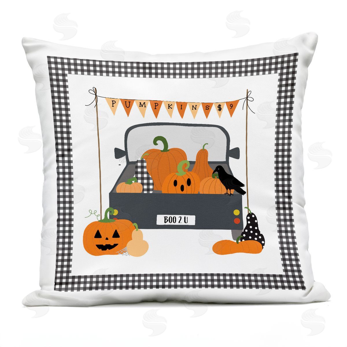 Sazerelli Designs Pumpkin Truck with Gingham Border Outdoor Quick-Dry Polyester Printed Throw Pillow