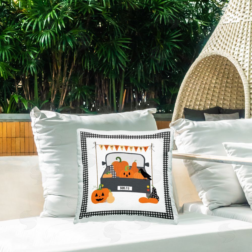 Sazerelli Designs Pumpkin Truck with Gingham Border Outdoor Quick-Dry Polyester Printed Throw Pillow in Back Yard
