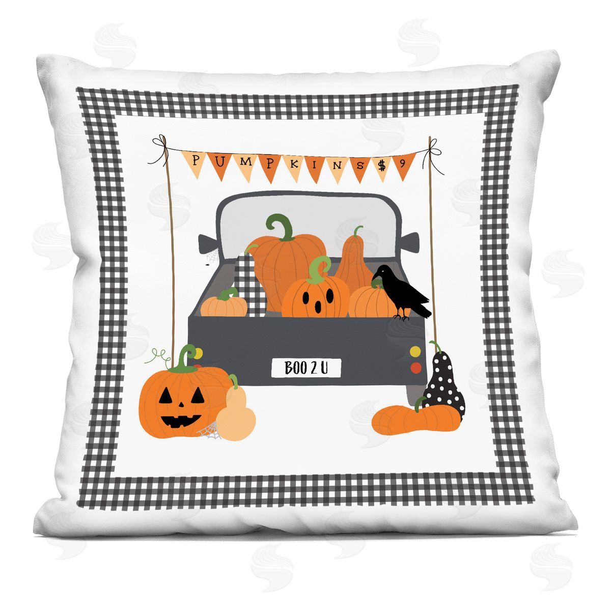 Sazerelli Designs Pumpkin Truck with Gingham Border Printed Plush Polyester Throw Pillow