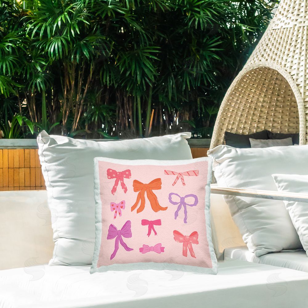 Sazerelli Designs Stylish Fashion Bows on Pink Outdoor Quick-Dry Polyester Printed Throw Pillow in Back Yard