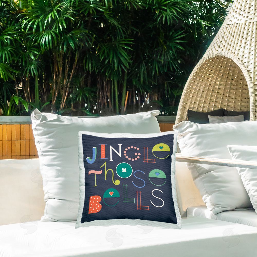 Sazerelli Designs Eclectic Jingle Bells Phrase Outdoor Quick-Dry Polyester Printed Throw Pillow in Back Yard