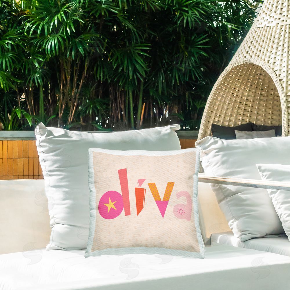 Sazerelli Designs Diva Patterned Whimsical Text Outdoor Quick-Dry Polyester Printed Throw Pillow in Back Yard