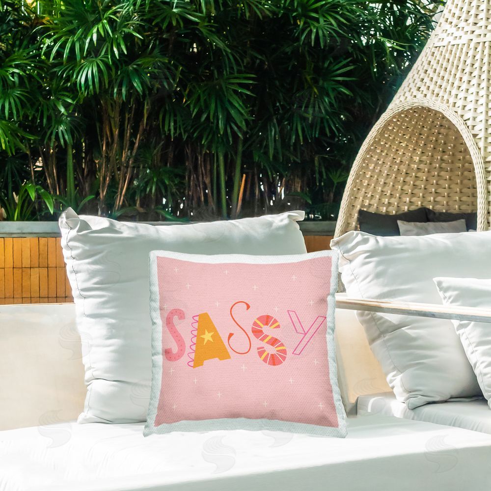 Sazerelli Designs Pink & Yellow Sassy Typography Outdoor Quick-Dry Polyester Printed Throw Pillow in Back Yard