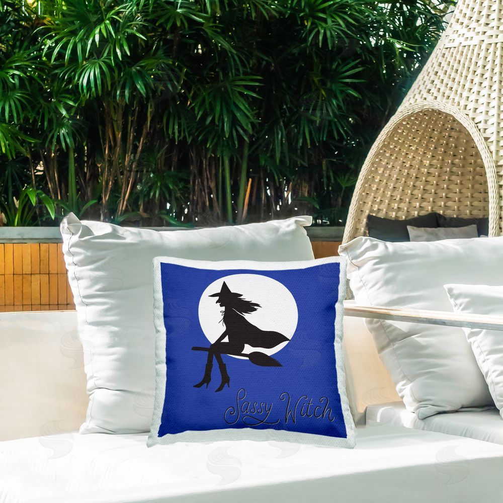 Sazerelli Designs Sassy Witch & Full Moon Outdoor Quick-Dry Polyester Printed Throw Pillow in Back Yard