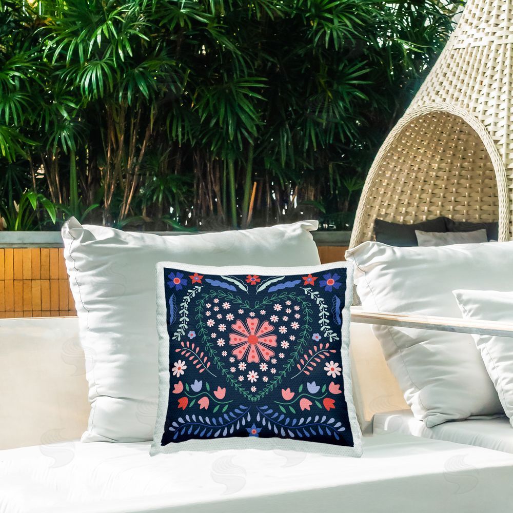 Sazerelli Designs Folk Flowers in Heart Pattern Outdoor Quick-Dry Polyester Printed Throw Pillow in Back Yard