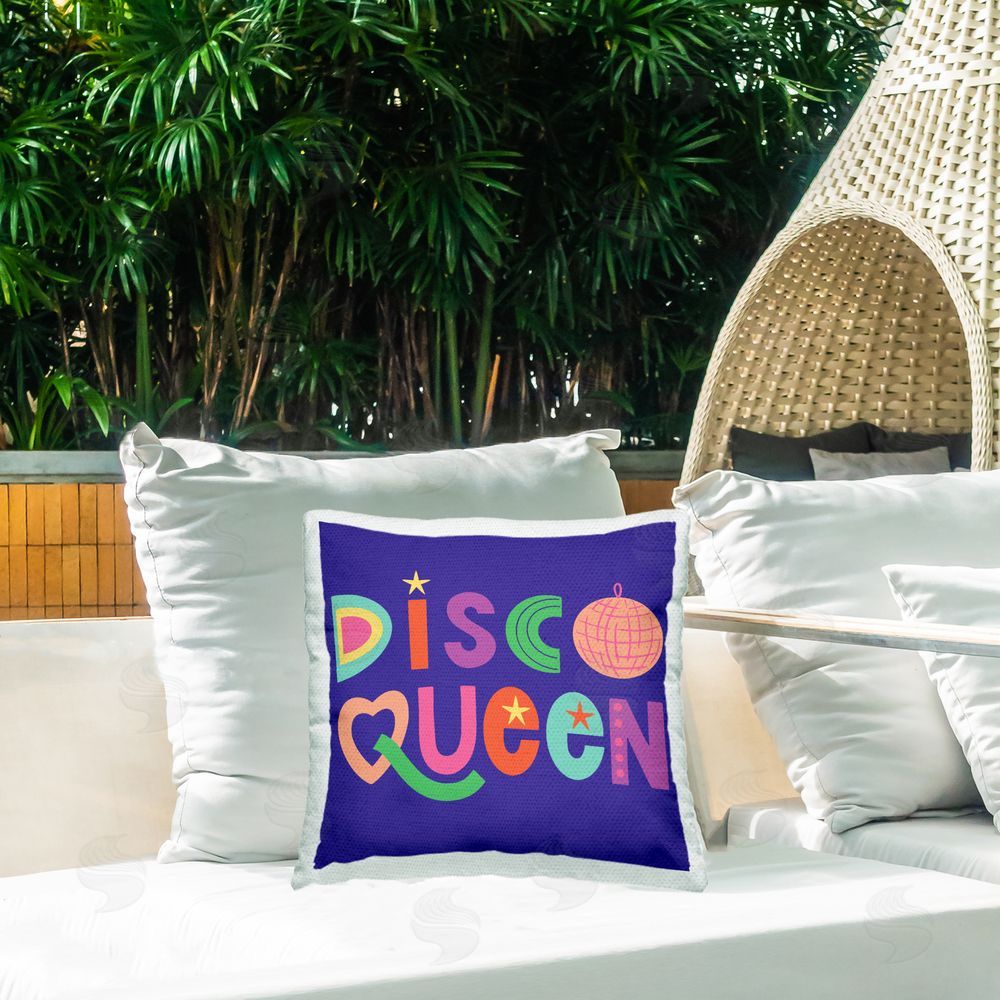 Sazerelli Designs Disco Queen with Retro Letters Outdoor Quick-Dry Polyester Printed Throw Pillow in Back Yard