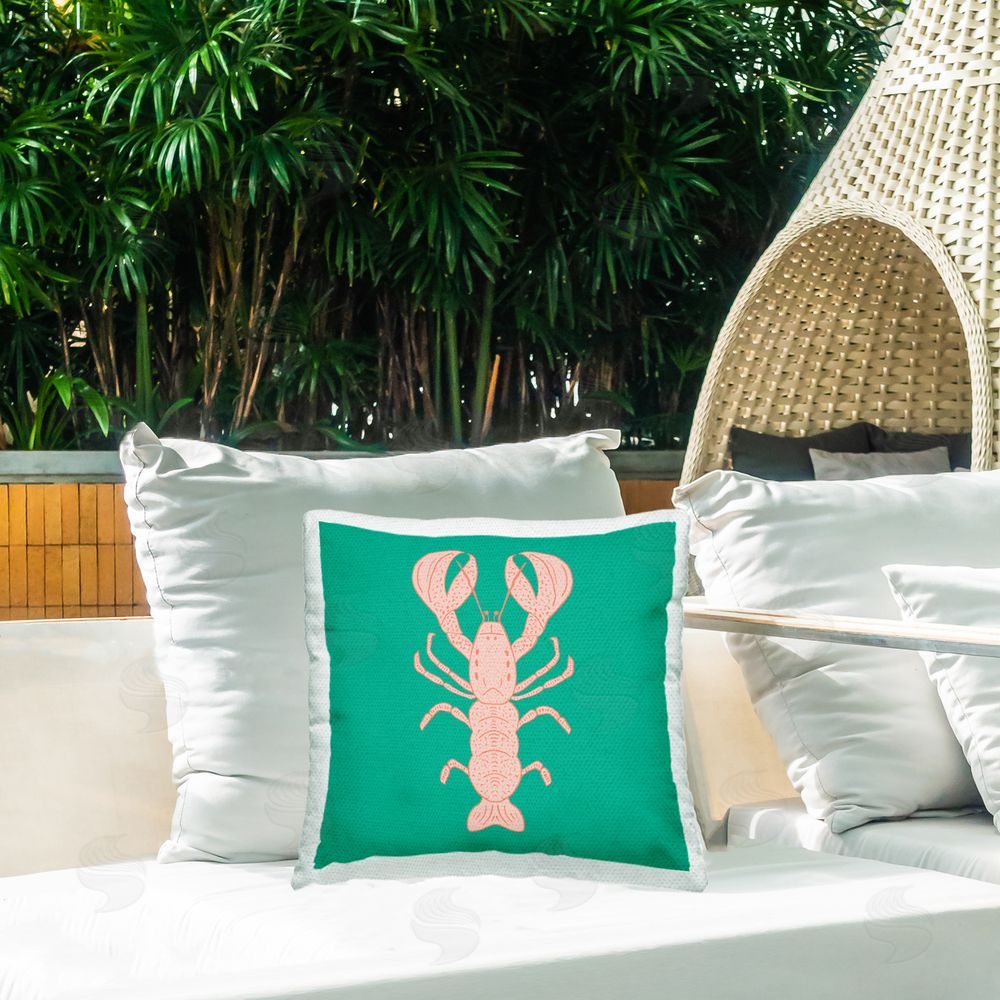 Sazerelli Designs Minimal Pink & Green Lobster Outdoor Quick-Dry Polyester Printed Throw Pillow in Back Yard
