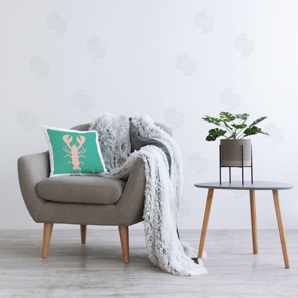 Sazerelli Designs Minimal Pink & Green Lobster Printed Plush Polyester Throw Pillow On Chair