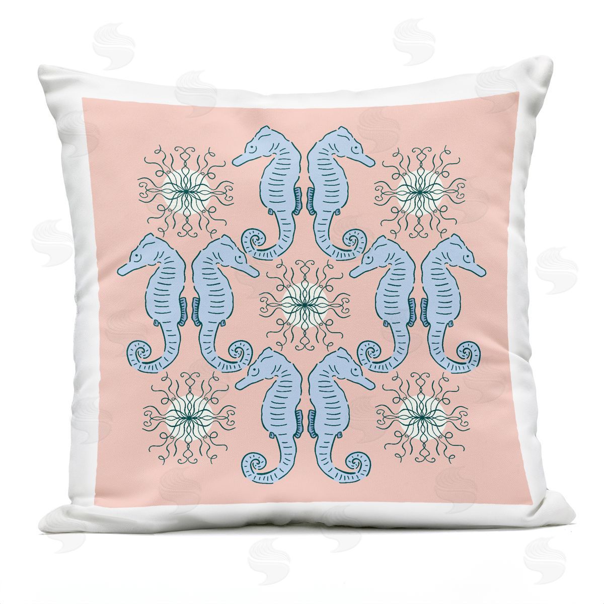 Sazerelli Designs Symmetrical Coral Seahorse Pattern Outdoor Quick-Dry Polyester Printed Throw Pillow