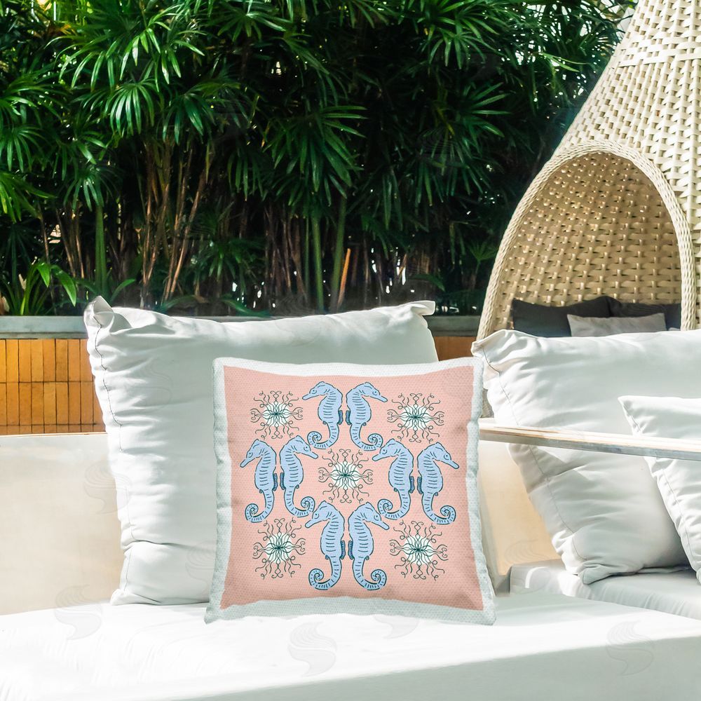 Sazerelli Designs Symmetrical Coral Seahorse Pattern Outdoor Quick-Dry Polyester Printed Throw Pillow in Back Yard