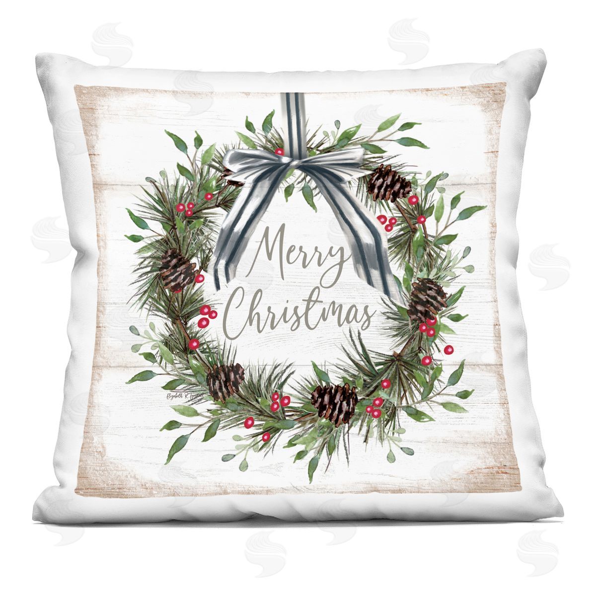 Elizabeth Tyndall Rustic Christmas Pinecone Wreath Printed Plush Polyester Throw Pillow