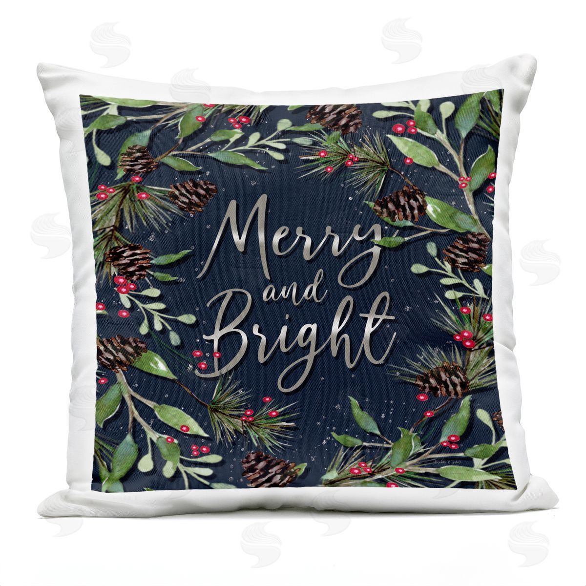 Elizabeth Tyndall Merry & Bright with Holly Leaves Outdoor Quick-Dry Polyester Printed Throw Pillow