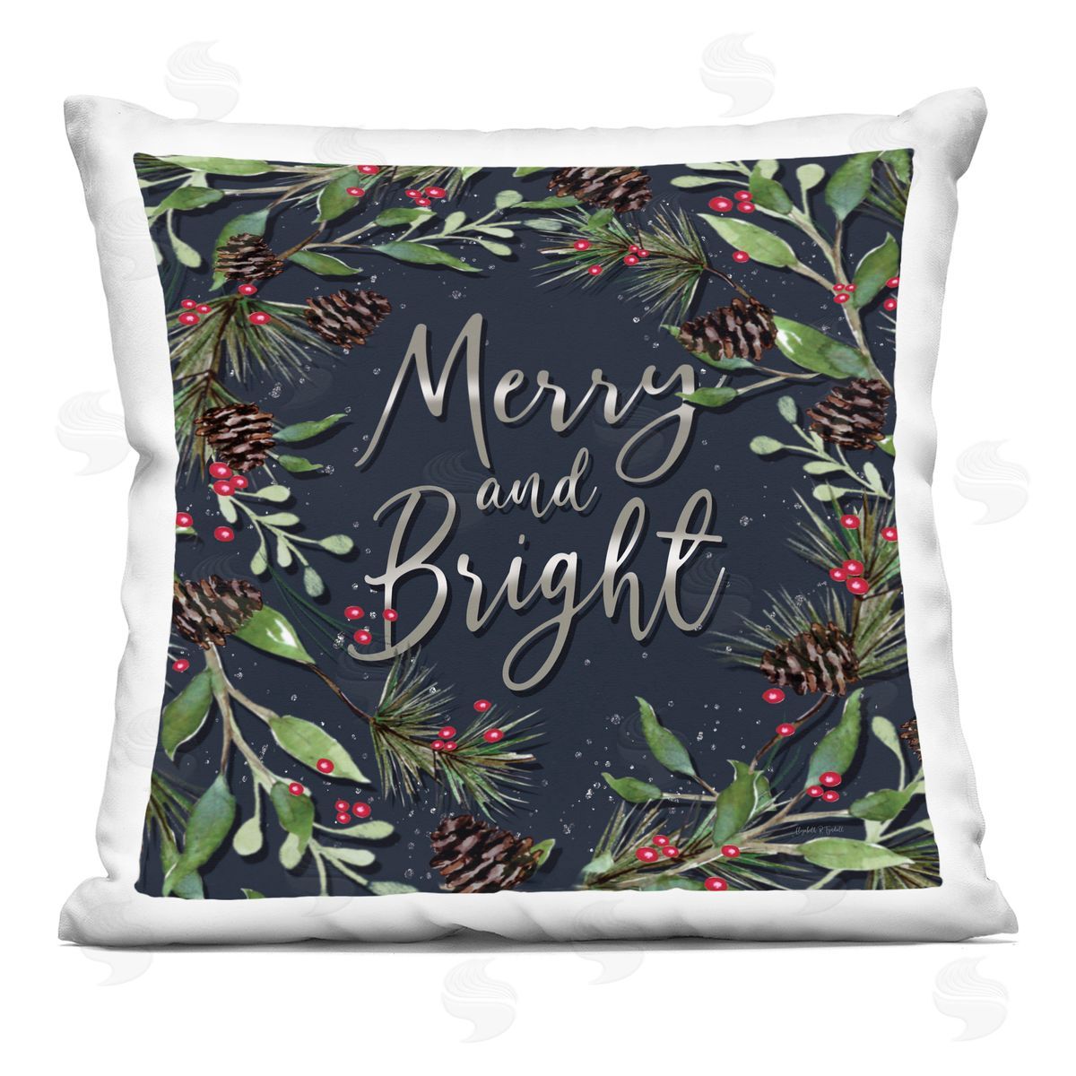 Elizabeth Tyndall Merry & Bright with Holly Leaves Printed Plush Polyester Throw Pillow
