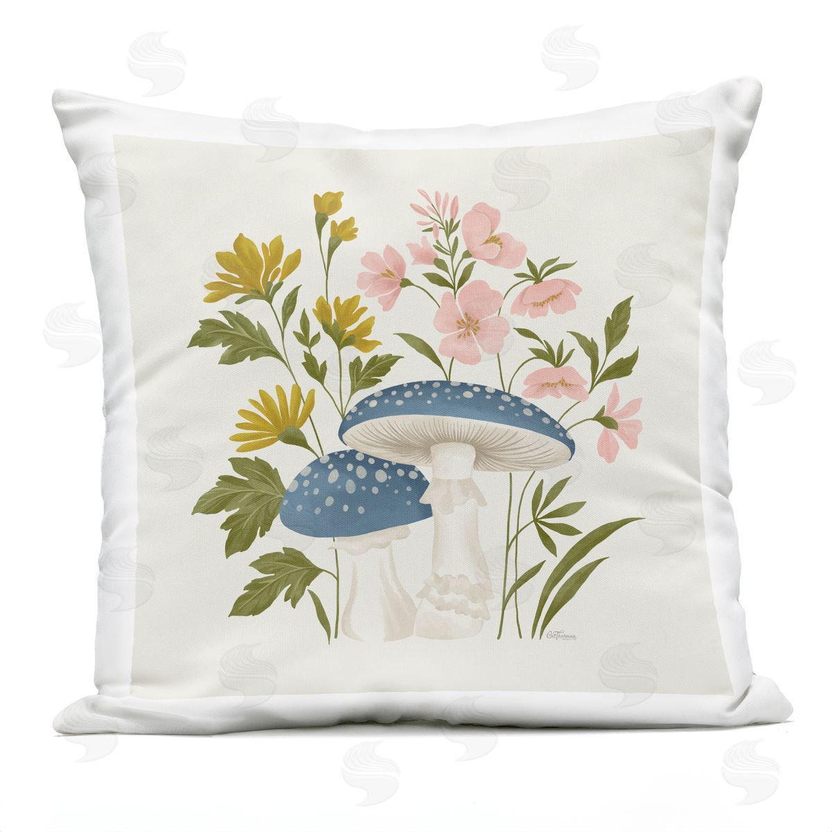 Cat Thurman Designs Blue Mushrooms & Wildflowers Outdoor Quick-Dry Polyester Printed Throw Pillow