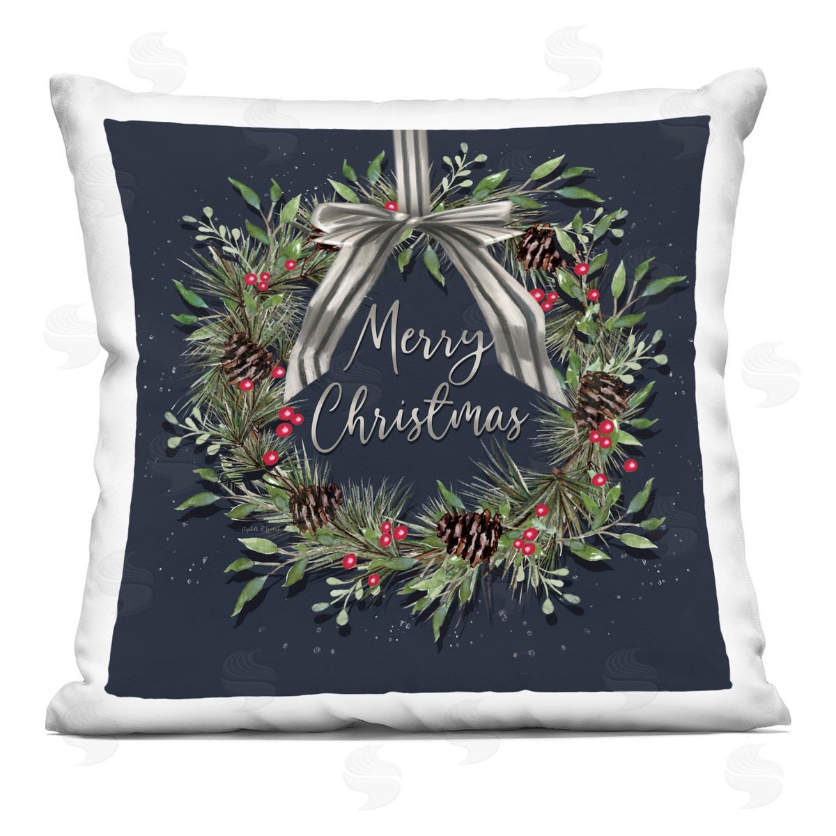 Elizabeth Tyndall Hanging Christmas Wreath with Bow Printed Plush Polyester Throw Pillow