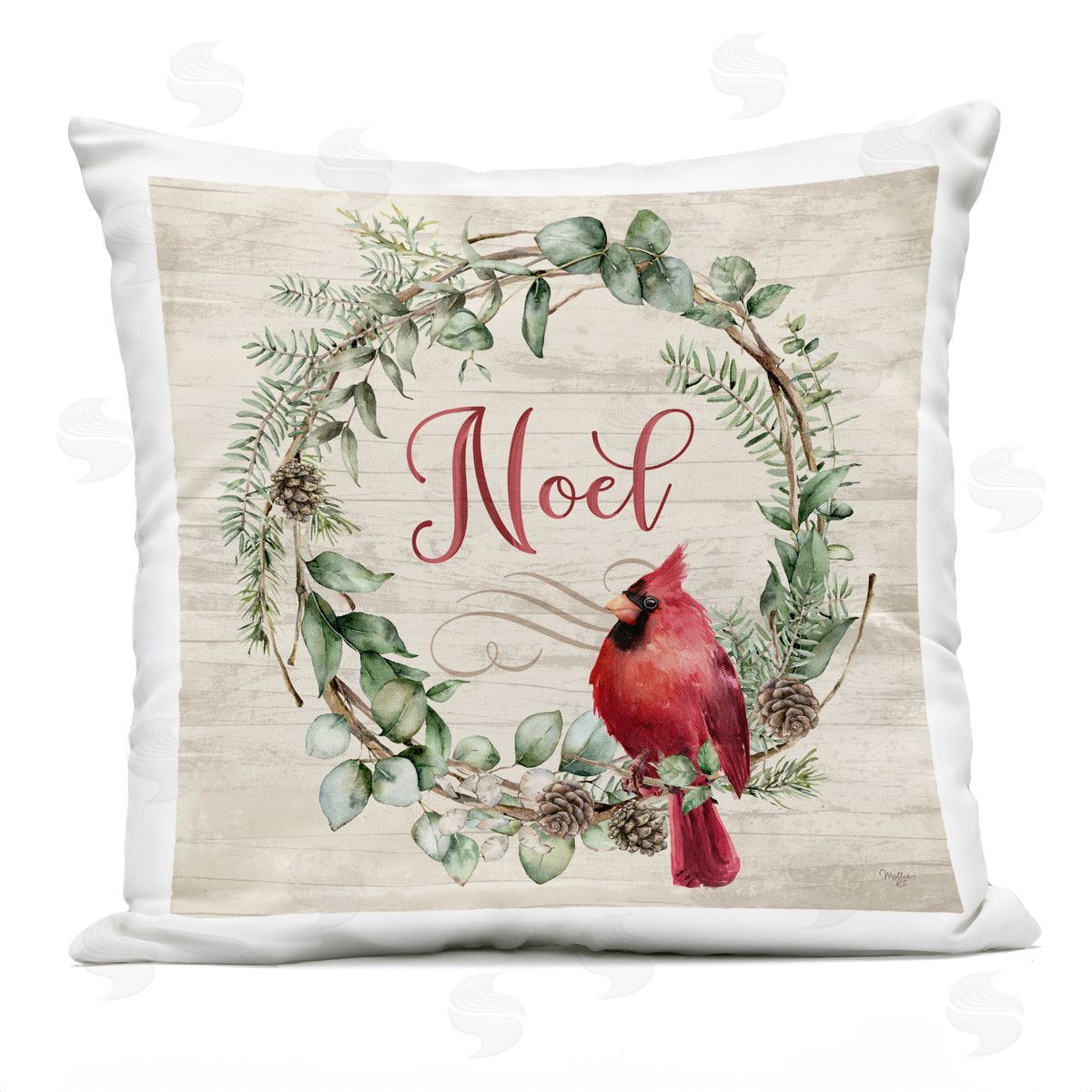 Mollie B. Noel Wreath with Cardinal Outdoor Quick-Dry Polyester Printed Throw Pillow