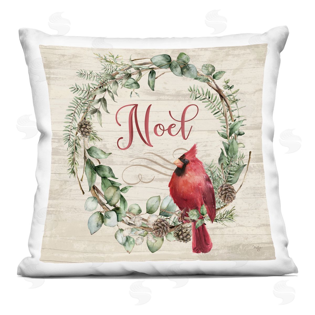 Mollie B. Noel Wreath with Cardinal Printed Plush Polyester Throw Pillow