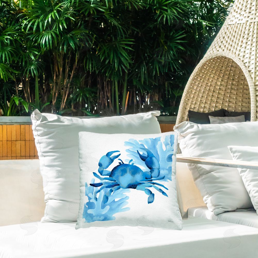 Cat Thurman Designs Blue Tone Crab & Coral Outdoor Quick-Dry Polyester Printed Throw Pillow in Back Yard