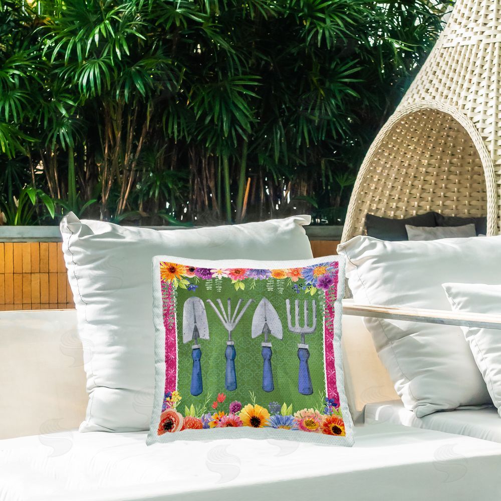 Nicole DeCamp Gardening Tools & Floral Border Outdoor Quick-Dry Polyester Printed Throw Pillow in Back Yard