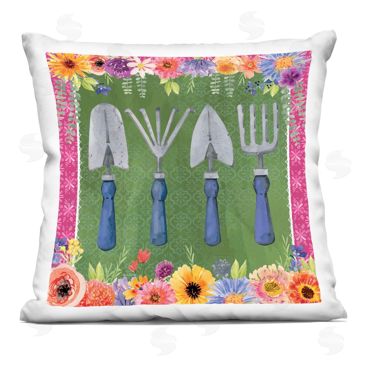 Nicole DeCamp Gardening Tools & Floral Border Printed Plush Polyester Throw Pillow