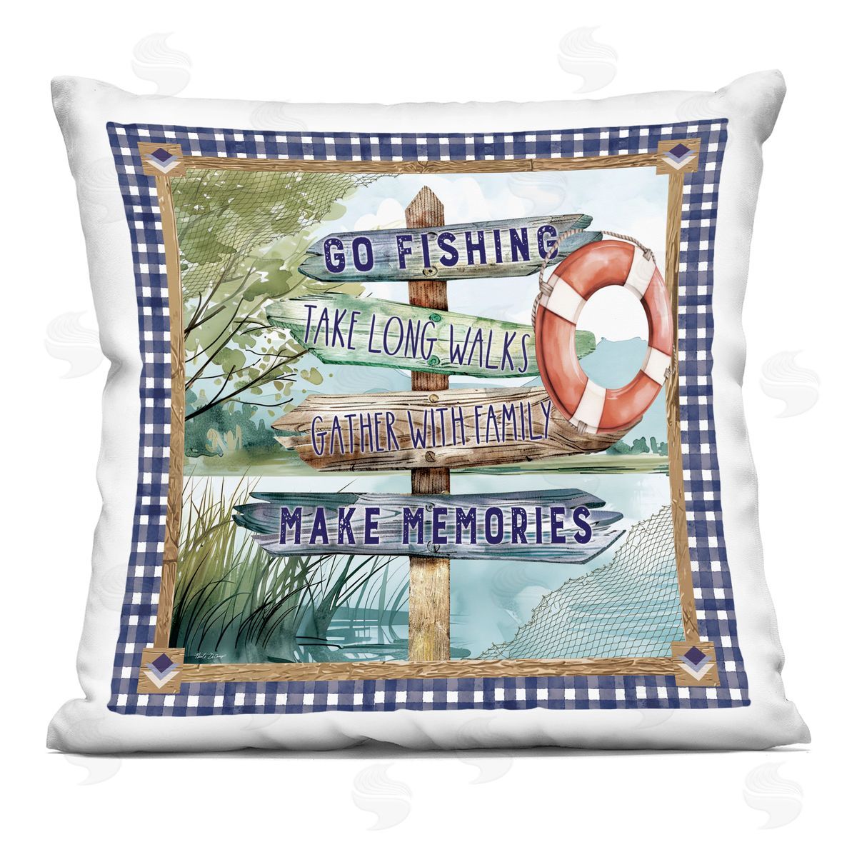 Nicole DeCamp Plaid Border Lake Sign Printed Plush Polyester Throw Pillow