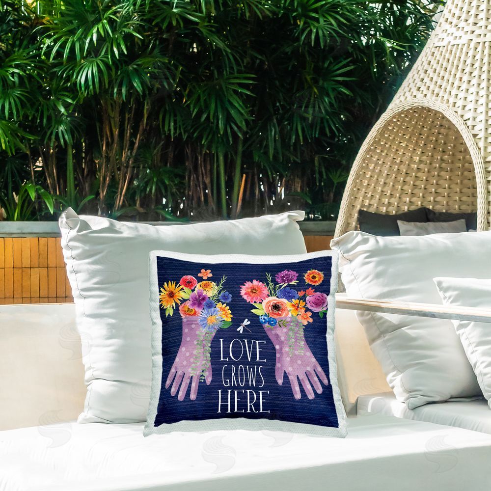 Nicole DeCamp Love Grows Here Gardening Gloves Outdoor Quick-Dry Polyester Printed Throw Pillow in Back Yard