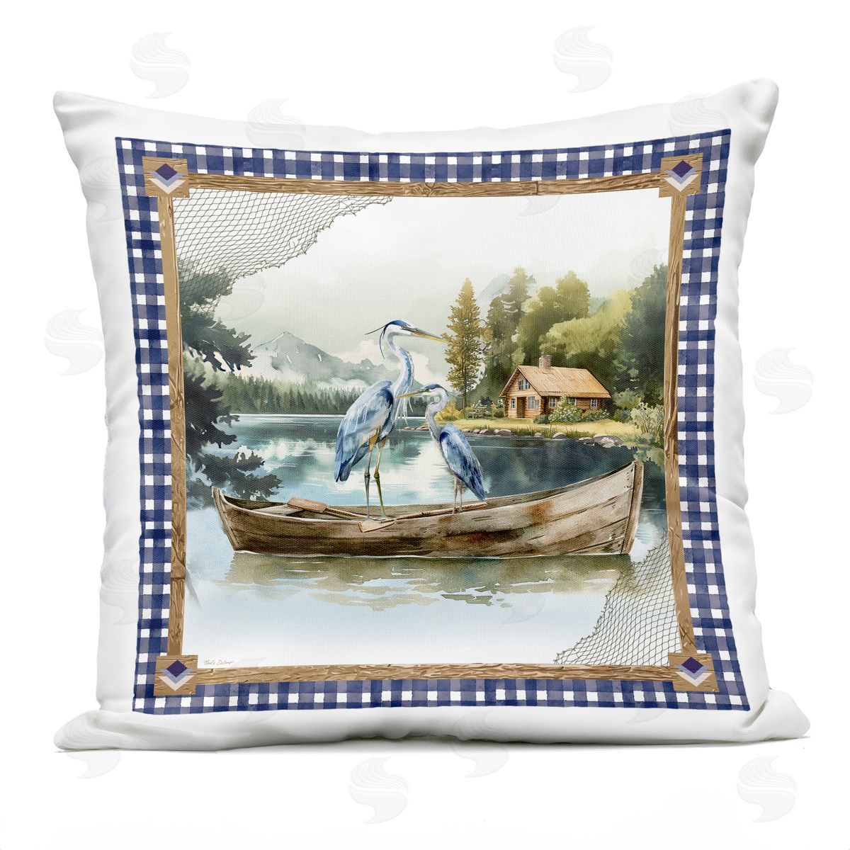 Nicole DeCamp Herons on Boat with Tartan Outdoor Quick-Dry Polyester Printed Throw Pillow