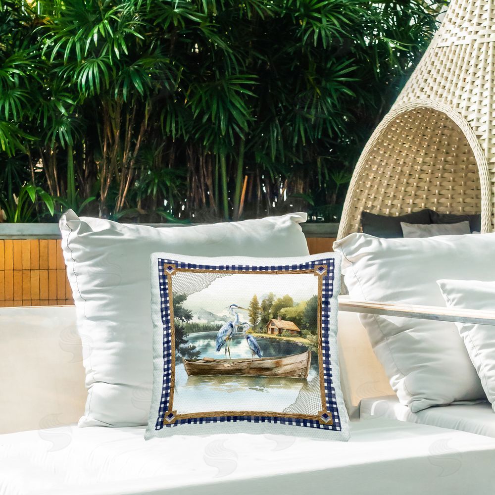 Nicole DeCamp Herons on Boat with Tartan Outdoor Quick-Dry Polyester Printed Throw Pillow in Back Yard